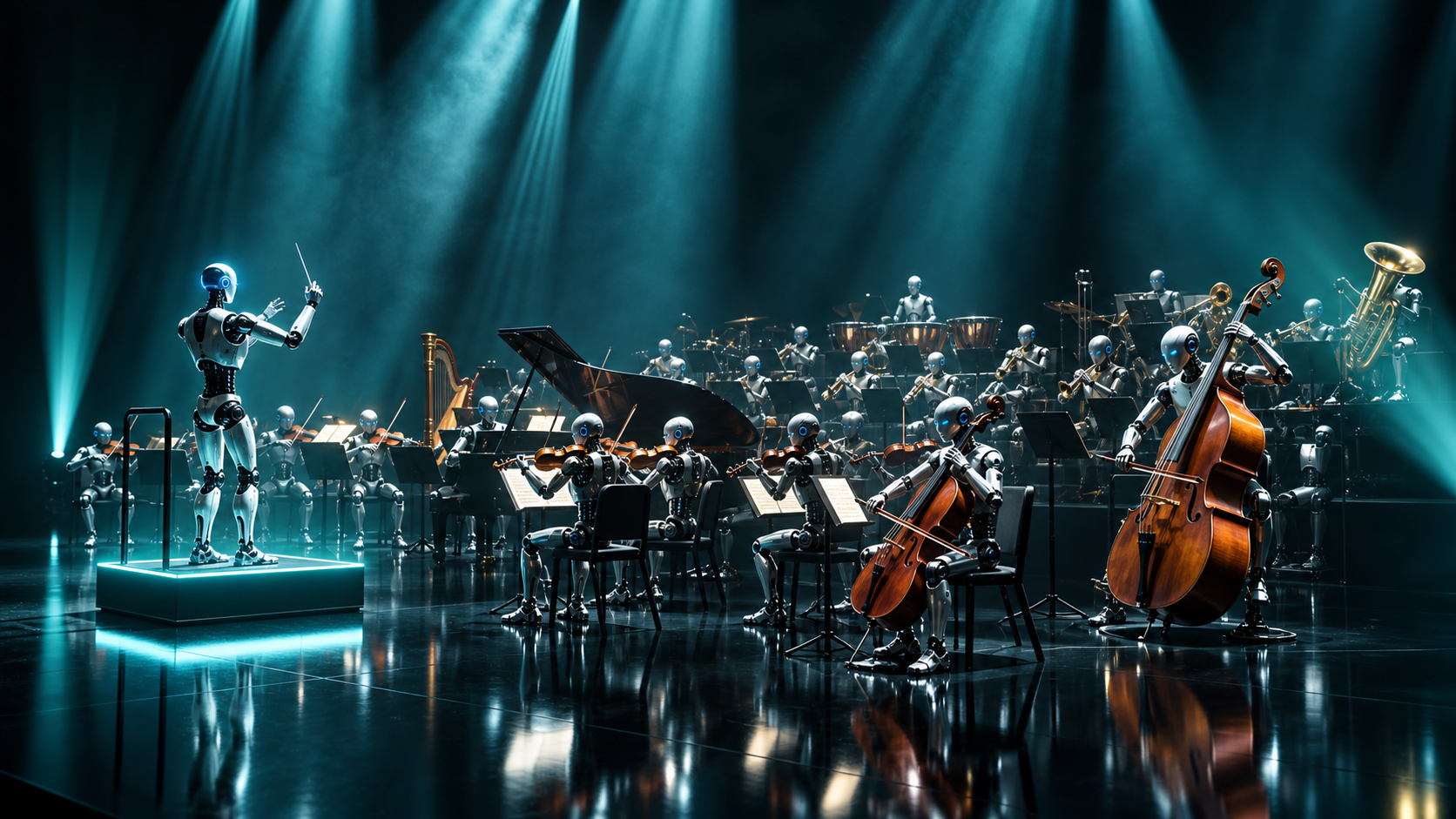 Silver AI musicians and a conductor performing together on a teal-lit concert stage