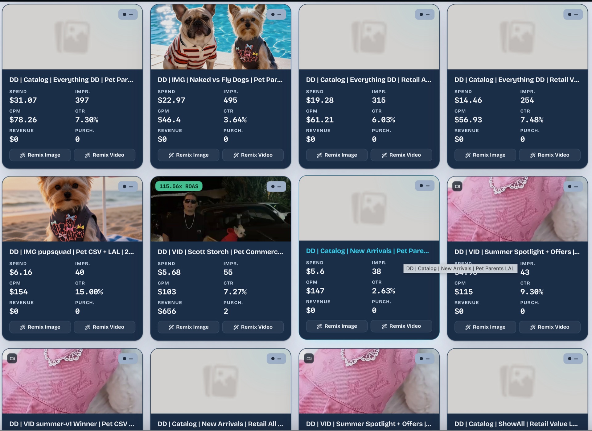 Clawza ad creative library with performance metrics and Remix Image and Remix Video controls