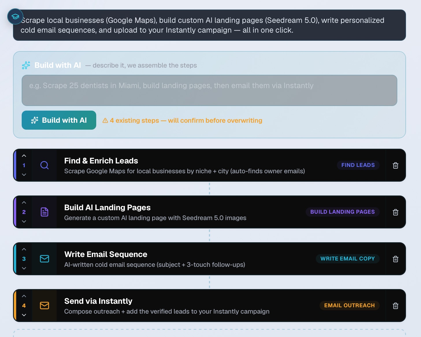 Clawza workflow builder — leads, landing pages, email copy and Instantly